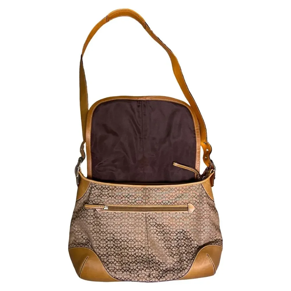 Coach Signature Canvas Leather Messenger Crossbody Bag Flap Laptop Brown Tan